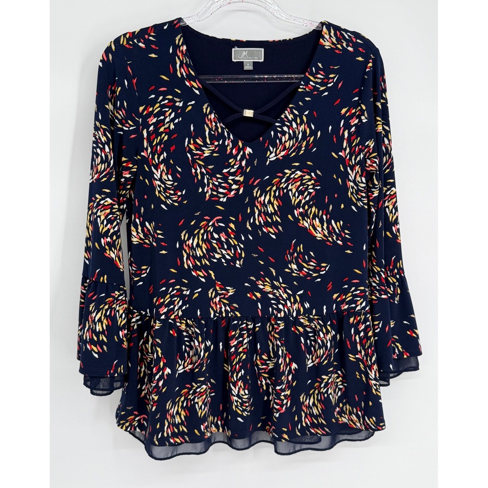 JM Collection Navy Blue Abstract Print V-Neck Peplum Bell Sleeve Top‎ Sz S